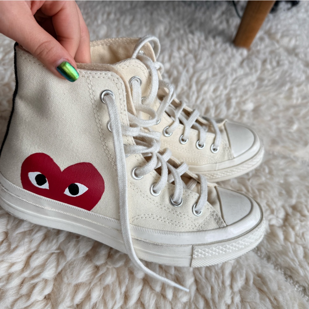 Cream High-Top Canvas Sneakers with Red Heart Graphic